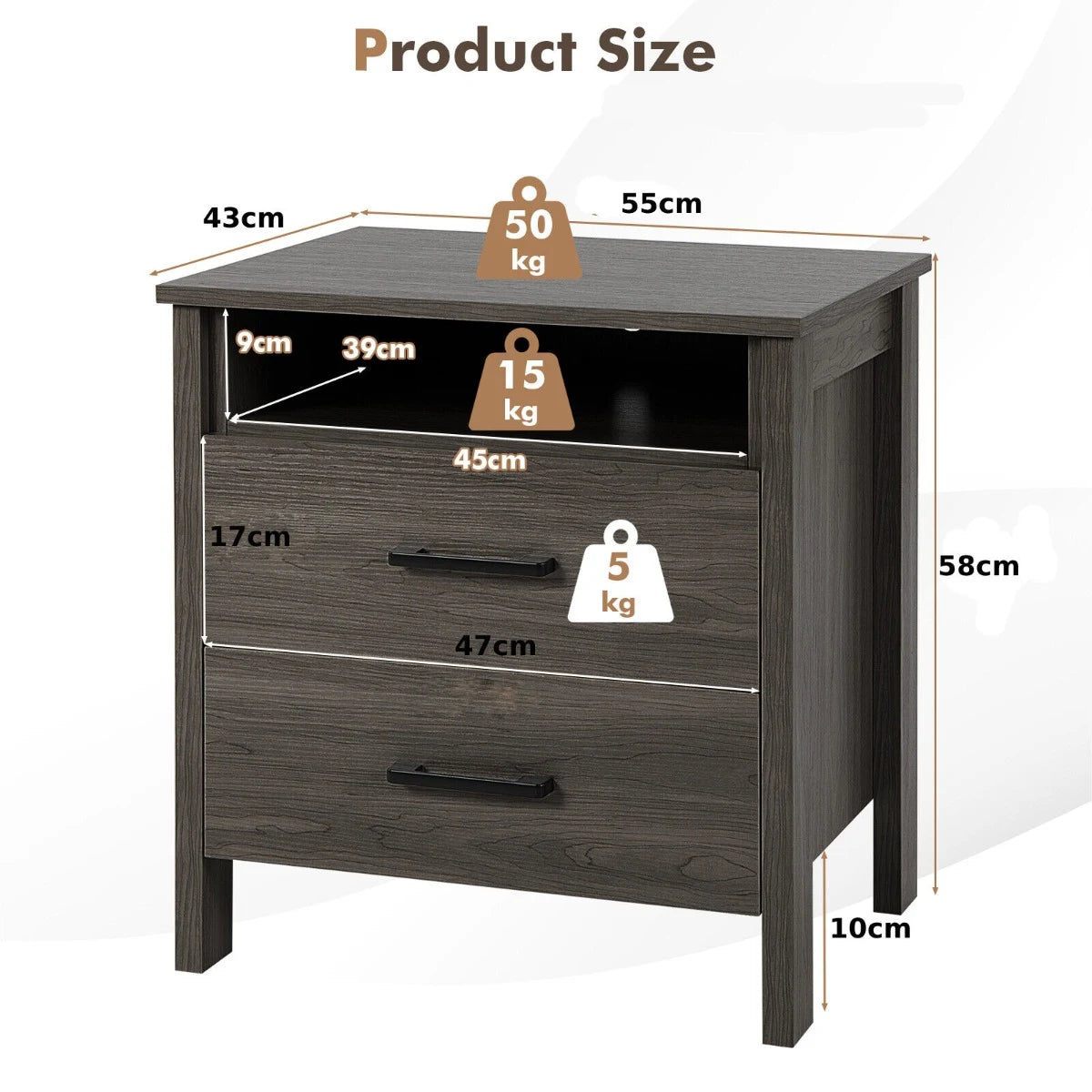 Modern Wood Grain Nightstand with Cable Hole &amp; Open Compartment &amp; 2 Drawers-Coffee