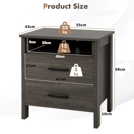 Modern Wood Grain Nightstand with Cable Hole &amp; Open Compartment &amp; 2 Drawers-Coffee
