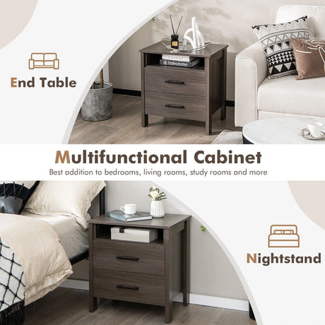 Modern Wood Grain Nightstand with Cable Hole &amp; Open Compartment &amp; 2 Drawers-Coffee