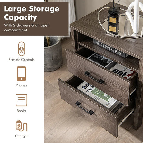 Modern Wood Grain Nightstand with Cable Hole &amp; Open Compartment &amp; 2 Drawers-Coffee