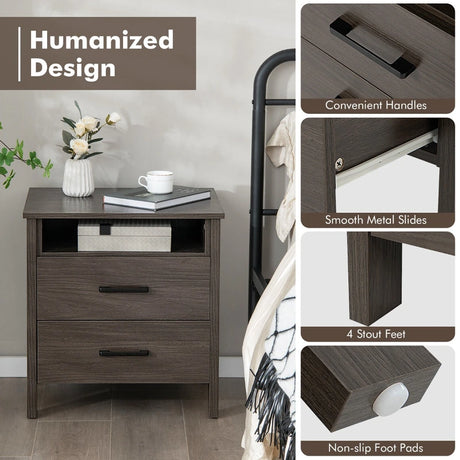 Modern Wood Grain Nightstand with Cable Hole &amp; Open Compartment &amp; 2 Drawers-Coffee