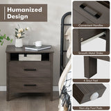 Modern Wood Grain Nightstand with Cable Hole &amp; Open Compartment &amp; 2 Drawers-Coffee