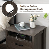 Modern Wood Grain Nightstand with Cable Hole &amp; Open Compartment &amp; 2 Drawers-Coffee