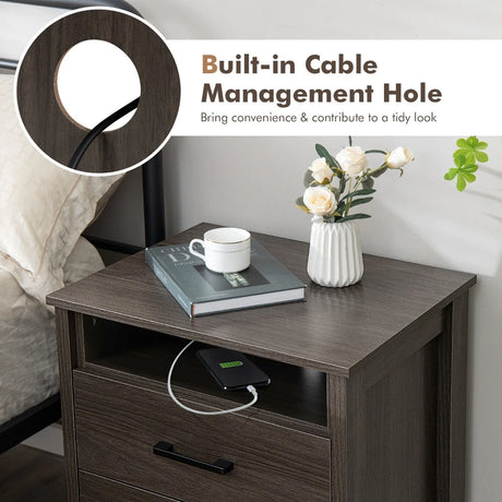 Modern Wood Grain Nightstand with Cable Hole &amp; Open Compartment &amp; 2 Drawers-Coffee