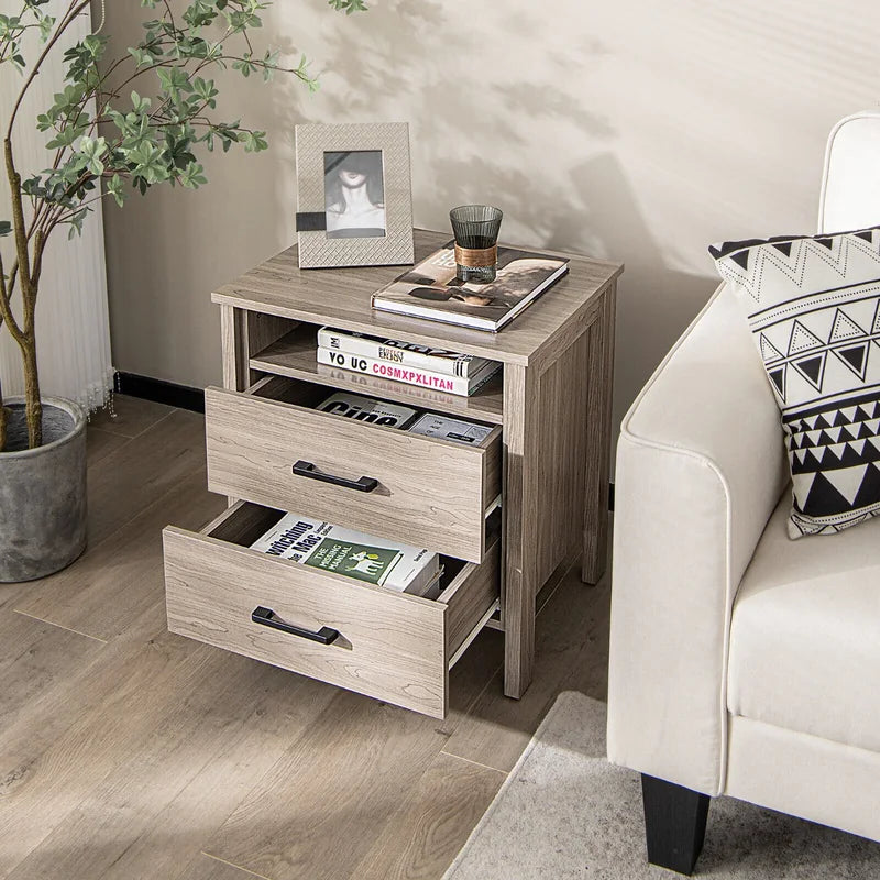 Modern Wood Grain Nightstand with Cable Hole &amp; Open Compartment &amp; 2 Drawers-Natural