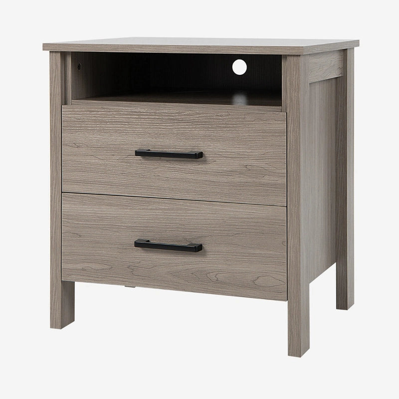 Modern Wood Grain Nightstand with Cable Hole &amp; Open Compartment &amp; 2 Drawers-Natural