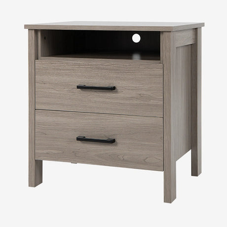 Modern Wood Grain Nightstand with Cable Hole &amp; Open Compartment &amp; 2 Drawers-Natural