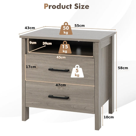 Modern Wood Grain Nightstand with Cable Hole &amp; Open Compartment &amp; 2 Drawers-Natural