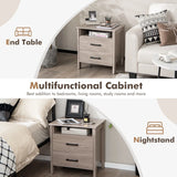 Modern Wood Grain Nightstand with Cable Hole &amp; Open Compartment &amp; 2 Drawers-Natural