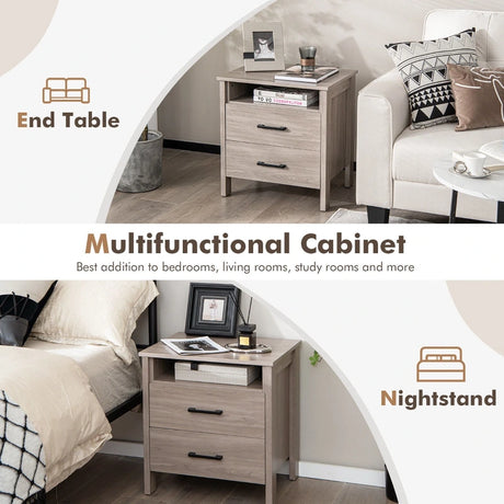 Modern Wood Grain Nightstand with Cable Hole &amp; Open Compartment &amp; 2 Drawers-Natural
