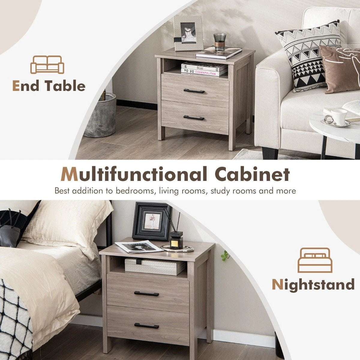 Modern Wood Grain Nightstand with Cable Hole &amp; Open Compartment &amp; 2 Drawers-Natural
