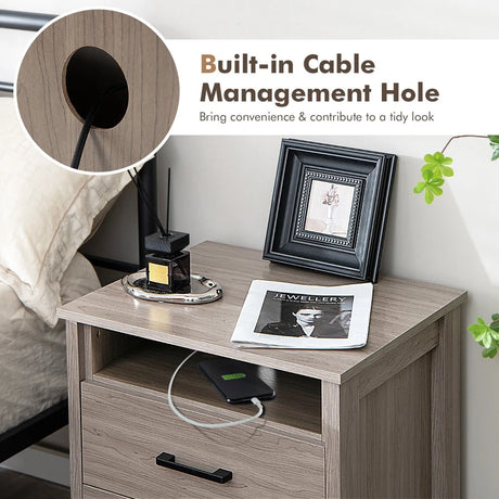 Modern Wood Grain Nightstand with Cable Hole &amp; Open Compartment &amp; 2 Drawers-Natural