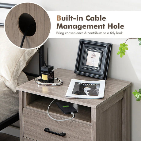 Modern Wood Grain Nightstand with Cable Hole &amp; Open Compartment &amp; 2 Drawers-Natural