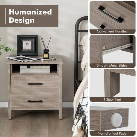 Modern Wood Grain Nightstand with Cable Hole &amp; Open Compartment &amp; 2 Drawers-Natural