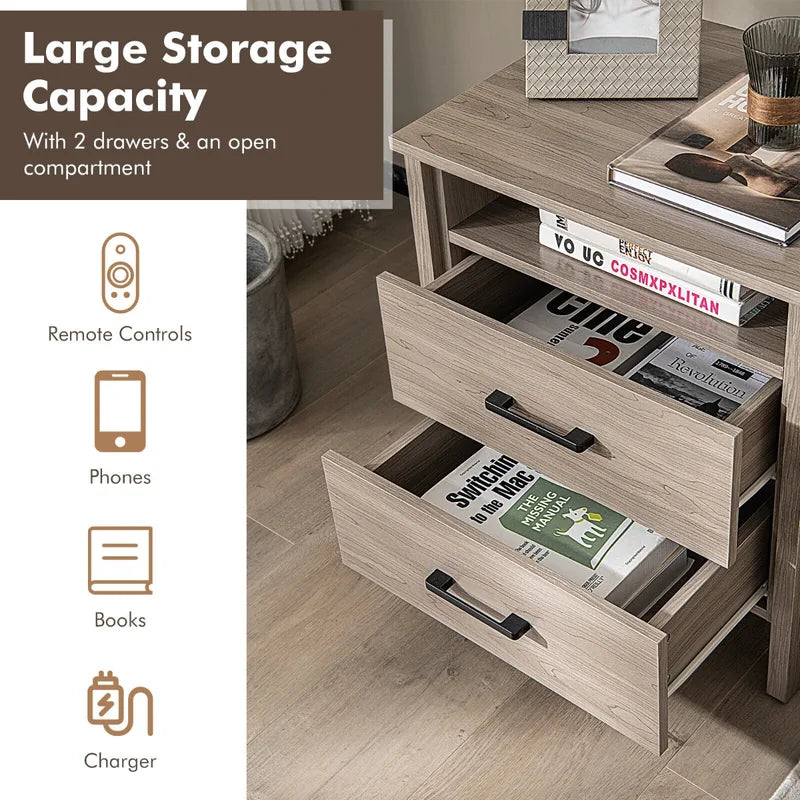 Modern Wood Grain Nightstand with Cable Hole &amp; Open Compartment &amp; 2 Drawers-Natural