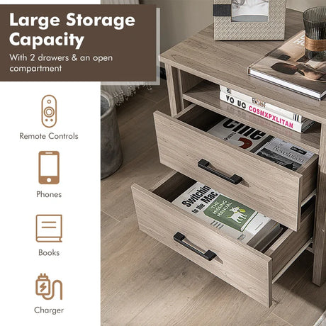 Modern Wood Grain Nightstand with Cable Hole &amp; Open Compartment &amp; 2 Drawers-Natural