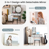Vanity Table Set with 3-Colour Round Mirror and Charging Station-White