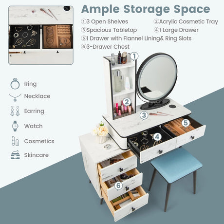 Vanity Table Set with 3-Colour Round Mirror and Charging Station-White