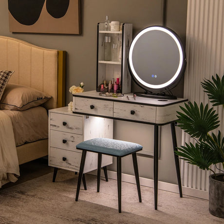 Vanity Table Set with 3-Colour Round Mirror and Charging Station-White