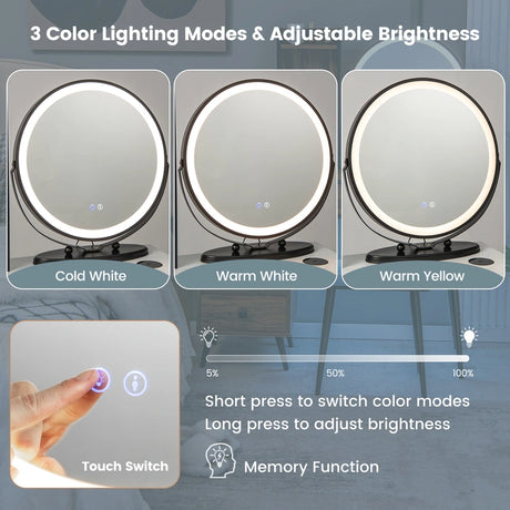 Vanity Table Set with 3-Colour Round Mirror and Charging Station-White