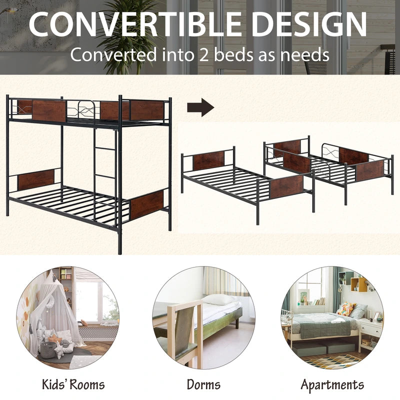 Convertible Metal Bunk Bed Frame with Ladder and Safety Guardrail