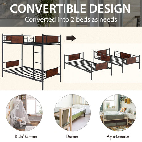 Convertible Metal Bunk Bed Frame with Ladder and Safety Guardrail