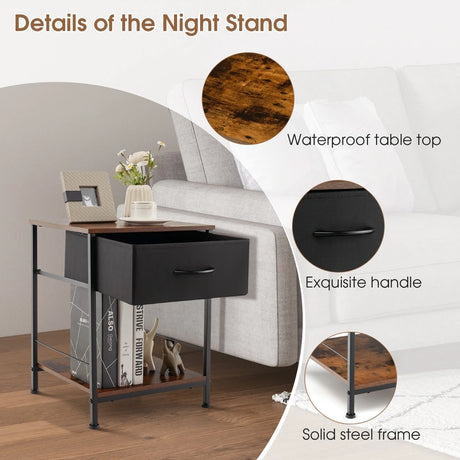 2 Tiers Wood Nightstand with Drawer for Bedroom and Living Room-Rustic Brown