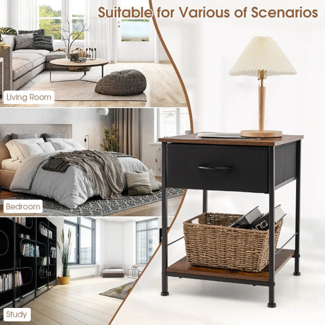 2 Tiers Wood Nightstand with Drawer for Bedroom and Living Room-Rustic Brown