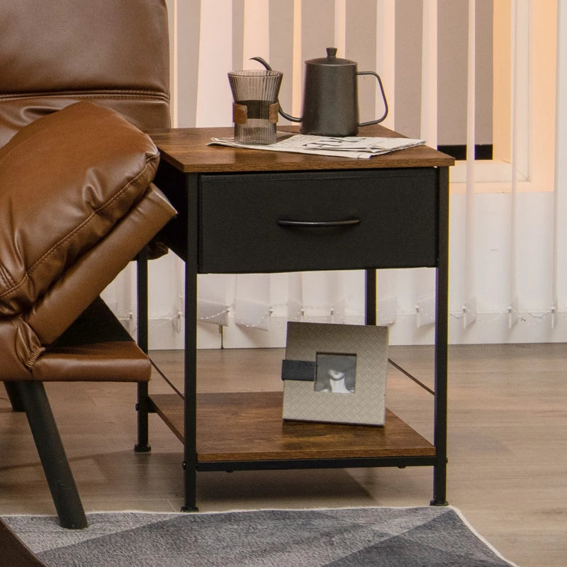 2 Tiers Wood Nightstand with Drawer for Bedroom and Living Room-Rustic Brown
