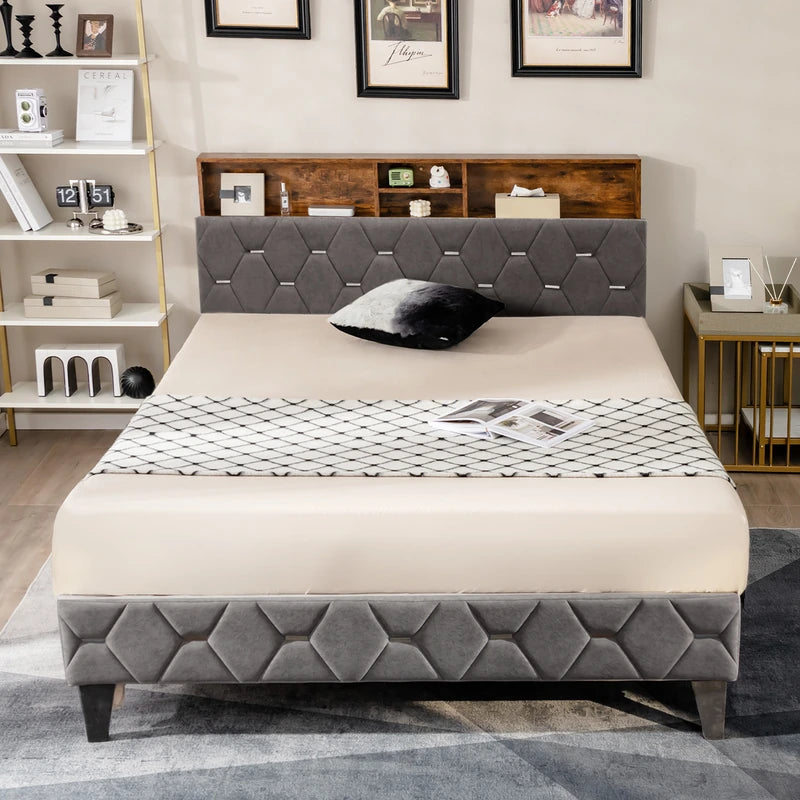 Single/Double Bed Frame with Storage Headboard and Slat Support-Double Size