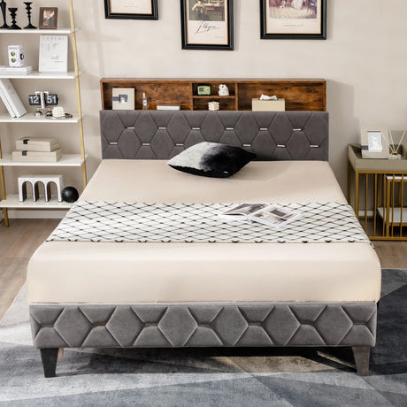 Single/Double Bed Frame with Storage Headboard and Slat Support-Double Size