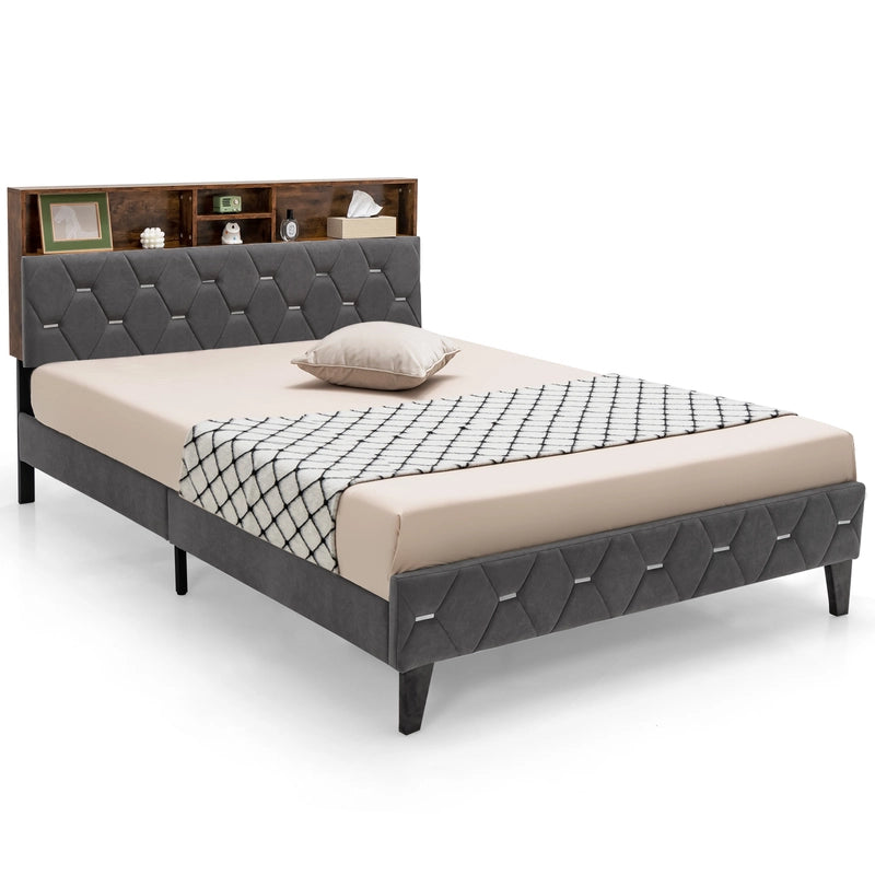 Single/Double Bed Frame with Storage Headboard and Slat Support-Double Size