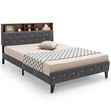 Single/Double Bed Frame with Storage Headboard and Slat Support-Double Size
