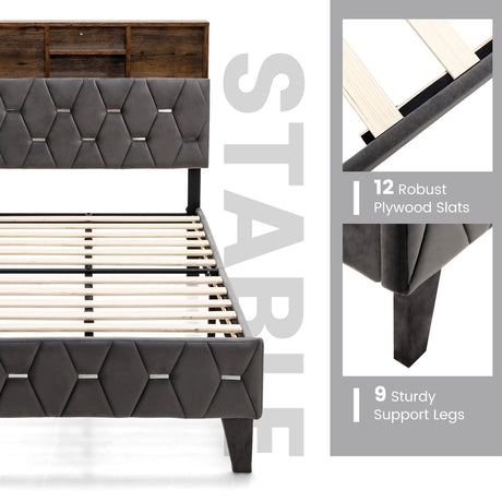 Single/Double Bed Frame with Storage Headboard and Slat Support-Single Size