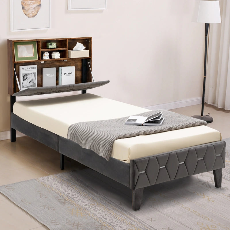 Single/Double Bed Frame with Storage Headboard and Slat Support-Single Size