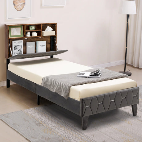 Single/Double Bed Frame with Storage Headboard and Slat Support-Single Size