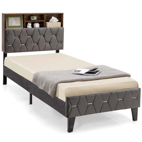 Single/Double Bed Frame with Storage Headboard and Slat Support-Single Size