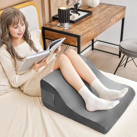 Bed Wedge Pillow with Tablet Pillow Stand and Side Pockets-Gray
