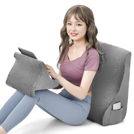 Bed Wedge Pillow with Tablet Pillow Stand and Side Pockets-Gray