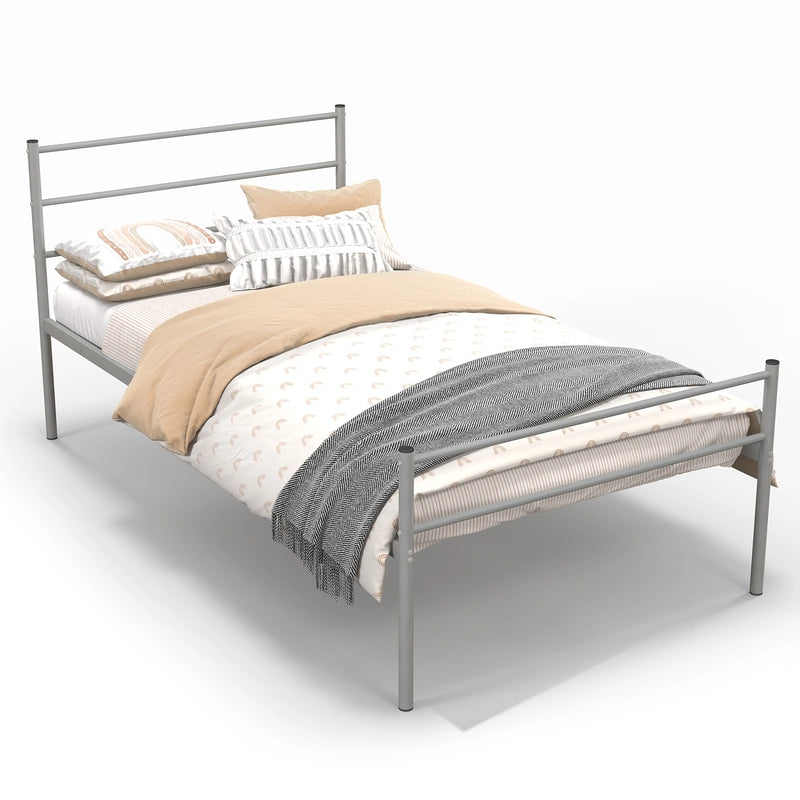 Single Metal Bed Frame with Metal Slats-Silver