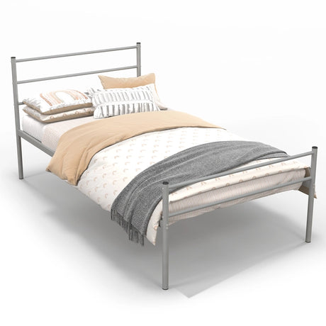 Single Metal Bed Frame with Metal Slats-Silver