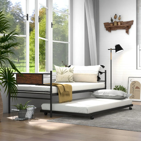 Metal Daybed with Pull-out Trundle and Headboard-Single Size