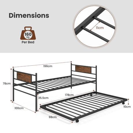 Metal Daybed with Pull-out Trundle and Headboard-Single Size