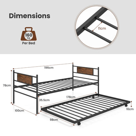 Metal Daybed with Pull-out Trundle and Headboard-Single Size
