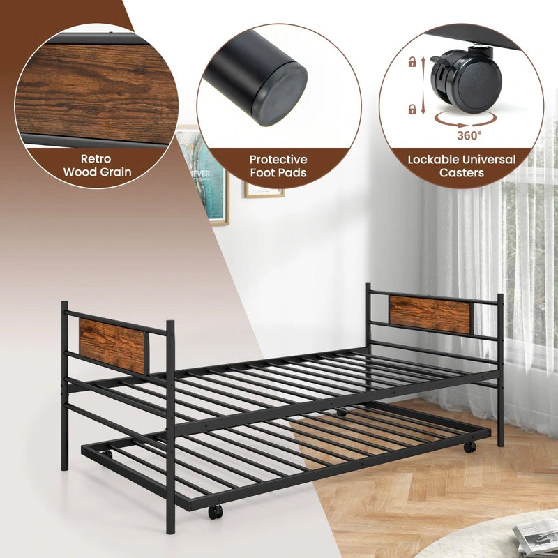 Metal Daybed with Pull-out Trundle and Headboard-Single Size