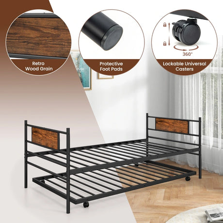 Metal Daybed with Pull-out Trundle and Headboard-Single Size