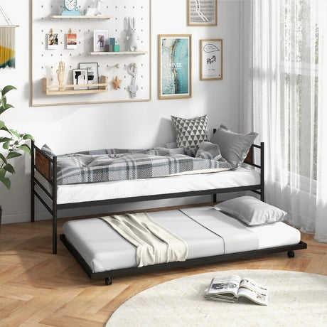 Metal Daybed with Pull-out Trundle and Headboard-Single Size