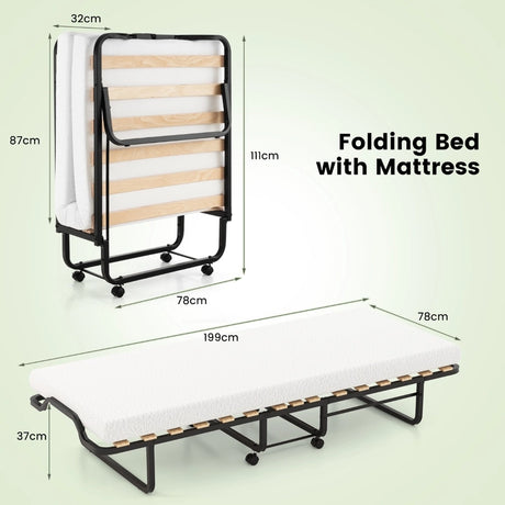 Twin Size Folding Bed with Foam Mattress and Lockable Wheels