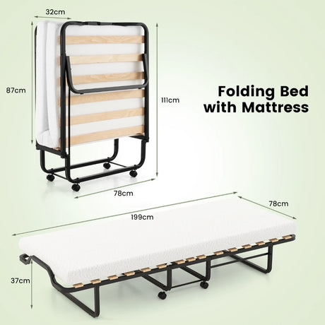 Twin Size Folding Bed with Foam Mattress and Lockable Wheels