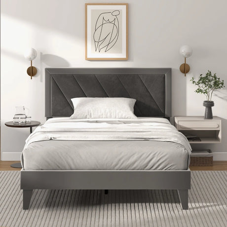 Single/Double Platform Bed with High Headboard &amp;12 Wooden Slats-Double Size